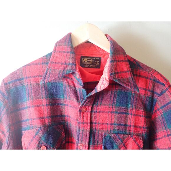 K-Mart Flannel Shirt Small Wool Blend 80s 70s Plaid Vintage Red Green - Picture 2 of 11